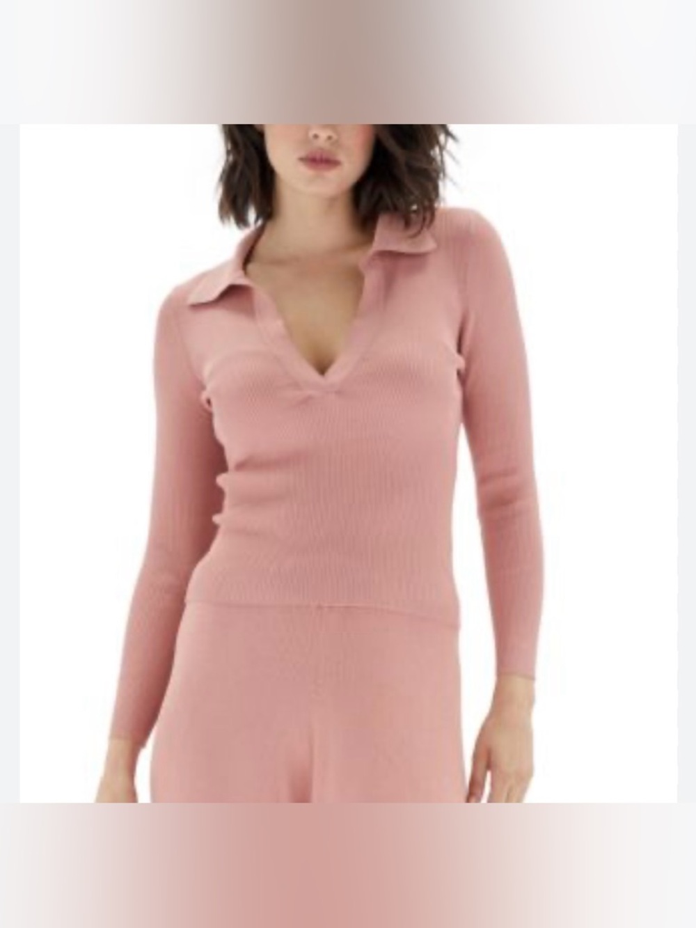MINKPINK Dusty Rose Ribbed V-Neck‎ Collared Knit Top